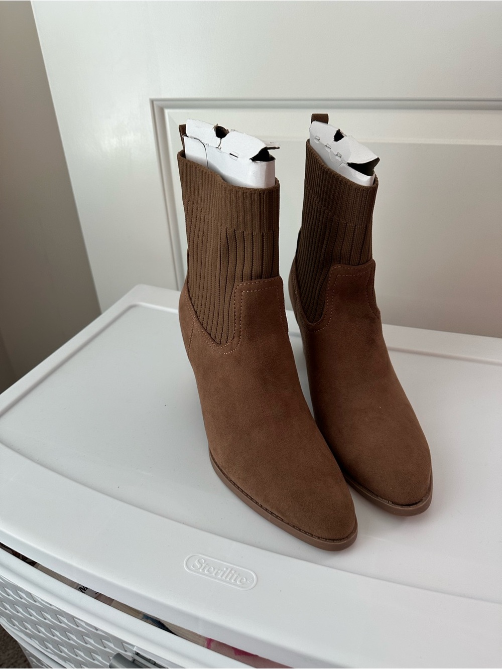 Time and Tru Brown Suede-Look Ankle Boots with Ribbed Knit Shaft